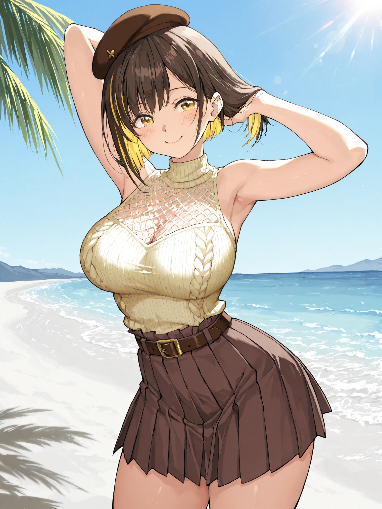 Woman((30year old)), hair((black, long, wavy)), brown eyes, clothes((frilly, bikini, yellow bumblebee)), accessories (( earrings)), gigantic breast, big boobs, smiling, background,