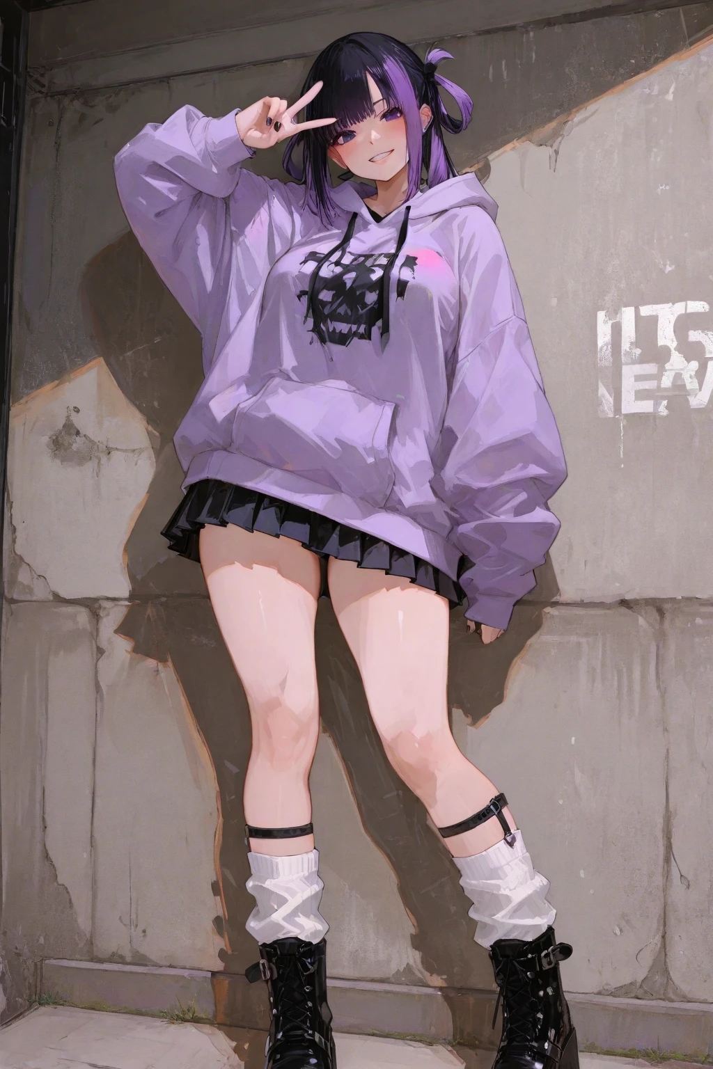 masterpiece, high quality, highres, absurdres, ultra-detailed, 8k, 1girl, Pastel colors hair, multicolored hair, gradient hair, looking at viewer, colorful eyes, (Pastel colors panties), (ultra-small panties), (unadorned panties), (colorful hoodie), Well-endowed, breasts, full body shot, ((angle from below)), (graffiti murals wall background:1.15), brilliant colorful paintings, portrait, cross hair ornament, against wall, bangs, shadow, reflection