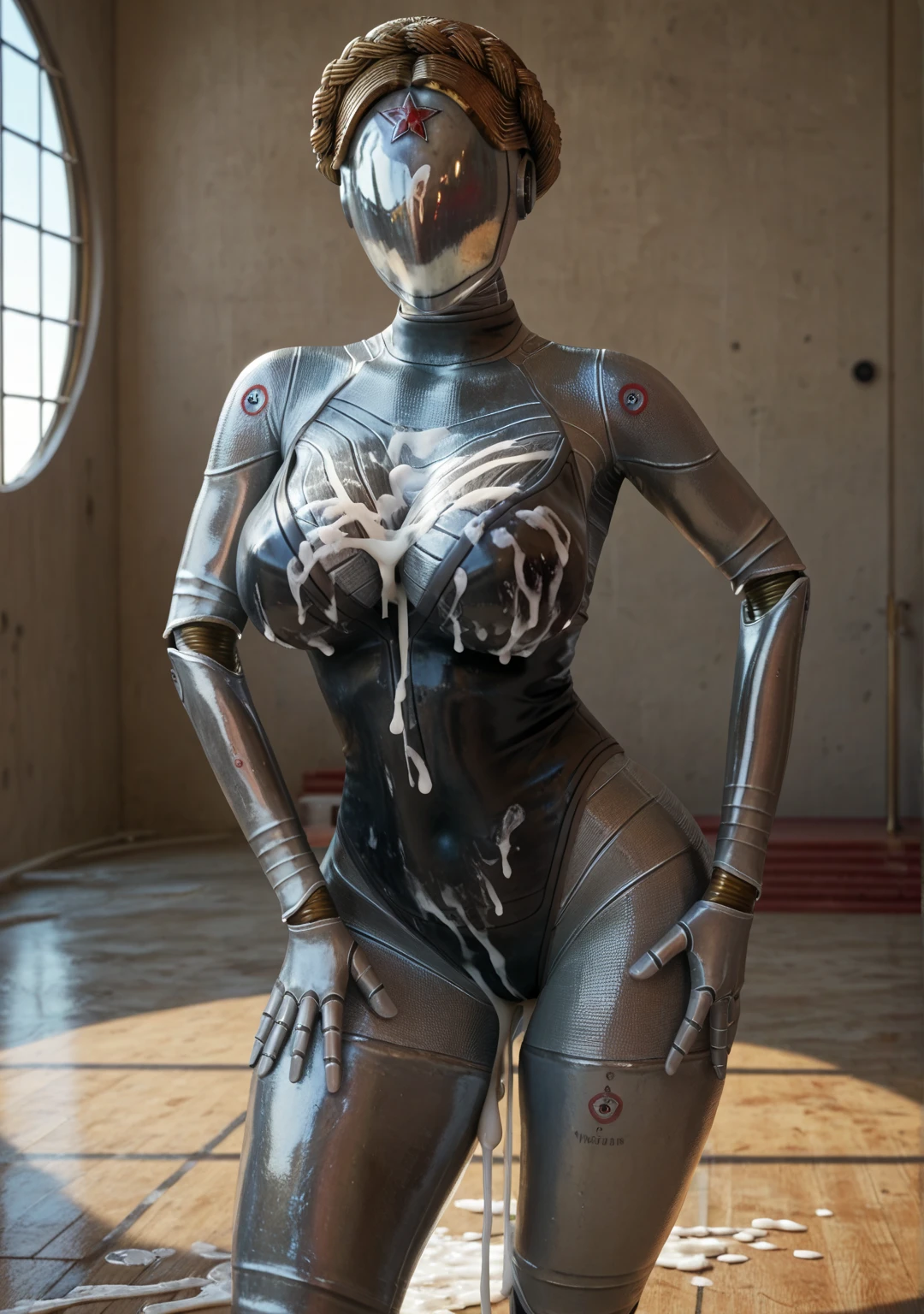1girl, (full body:1.4) photo of android woman on roof, ((close up)), ((front view)),(high heels), (pov), ((lagre breasts)), ((squatting)), ((focus between legs)), (( Metallic spread legs)), ((Metallic naked body)), arms up armpit, sun light, morning, masterpiece, (photorealistic:1.4), best quality, beautiful lighting , braided hairstyle, ray tracing, ( very detailed background, detailed complex busy background : 0.8 ) , , sharp focus, 8k uhd, dslr, high quality, film grain, photorealism, lomography , view from below , translucency , (HDR:1.2)