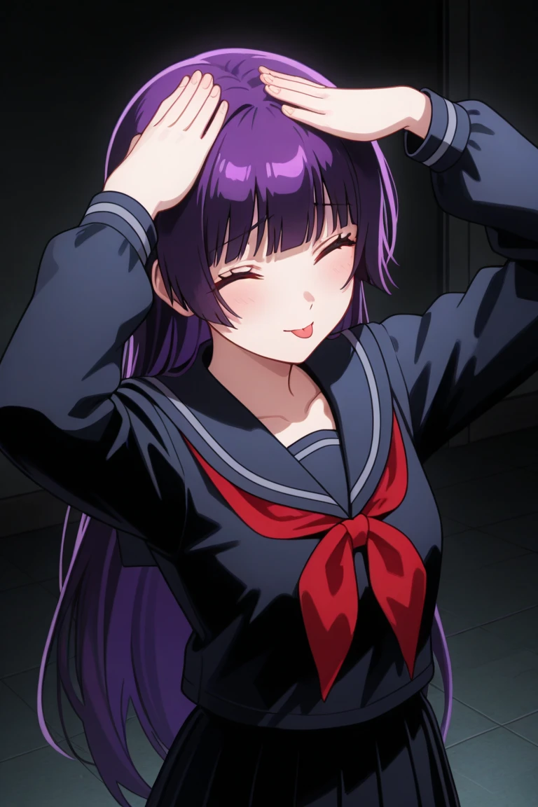 Masterpiece,  best quality ,  Amazing Quality ,  high resolution,   is ridiculous, very aesthetic,  high resolution,  Ultra Details,   perfect detail,  1 girl, Alone,  indoor,  medium , ,  long hair,  purple hair,   princess cut , blunt bangs ,  red eyes,  black sailor suit,   long sleeve ,  black sailor color,  red neckerchief,   black skirt,  pleated skirt,  black pantyhose ,  loafers , (OLDER :1.5),  stares at viewers, ( upper body:1.5), smile, ah eto bleh, ah eto... bleh (meme), hands on own head, meme, arms on head, tongue out, closed eyes,