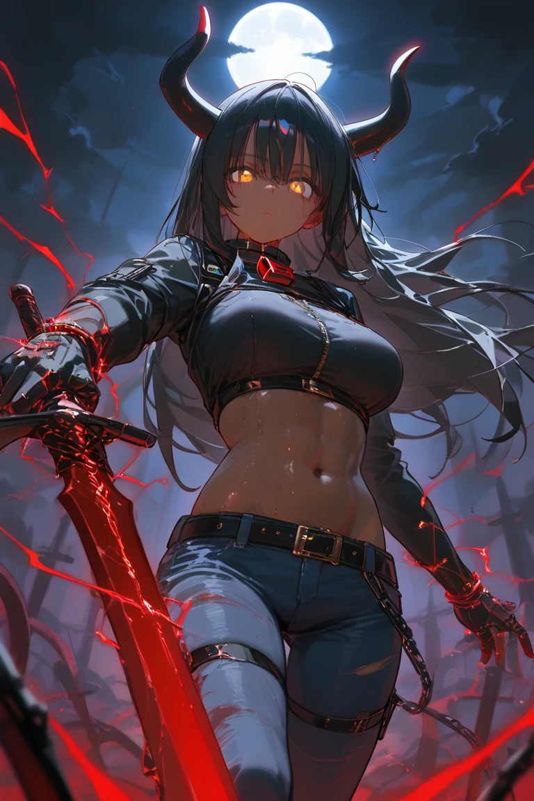 Adult woman, ebony, black skin, long curly black hair, red eyes, Bondage on the eye, musculature, Black hired tight top, Mercenary pants, arma, sword, smirk, Masterpiece, hiquality