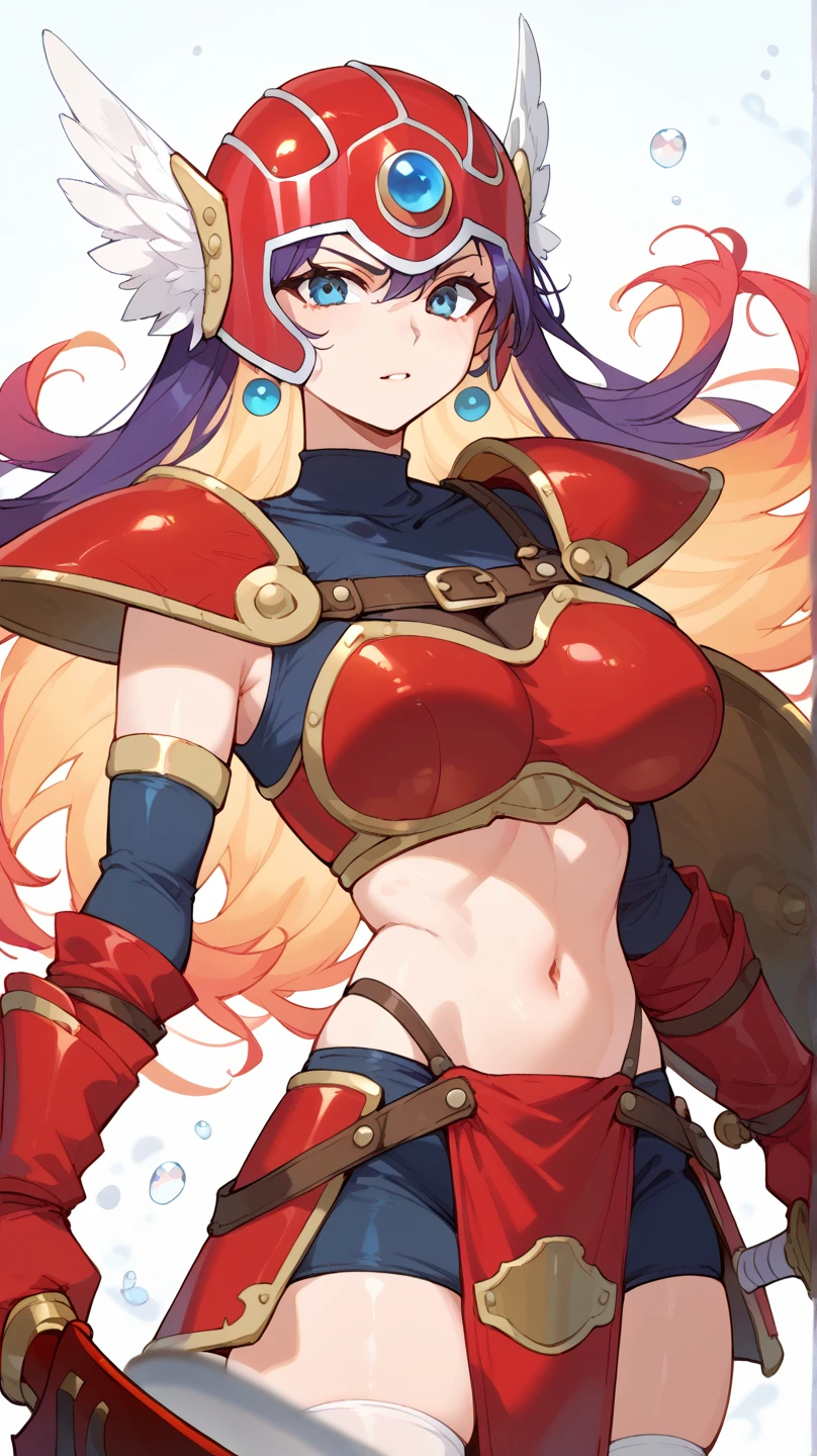 perfect anatomy, 1girl, solo, ViraGB, long hair, ponytail, makeup, lipstick, red lipstick, Hot girl, baddie, staring, glaring, bad attitude, mean girl, dare, angry, hate, crazy, smoking, sensual, attractive, masterpiece, best quality, highly detailed, fantasy , a anime girls in armored dress holding a sword
posing for a picture, evil smile, smile, open mouth, breastplate with open cleavage, cleavage, warrior
outfit, ecchi anime style, anime girls, ecchi style, (nsfw) not safe for work, ecchi, digital anime art!!, in
anime style, official artwork, visual novel cg, beautiful anime girl, anime style 4 k , loincloth, exposed
belly, exposed navel, exposed midriff, exposed lower belly, pencil skirt armored, castle,inside castle,
navel piercing