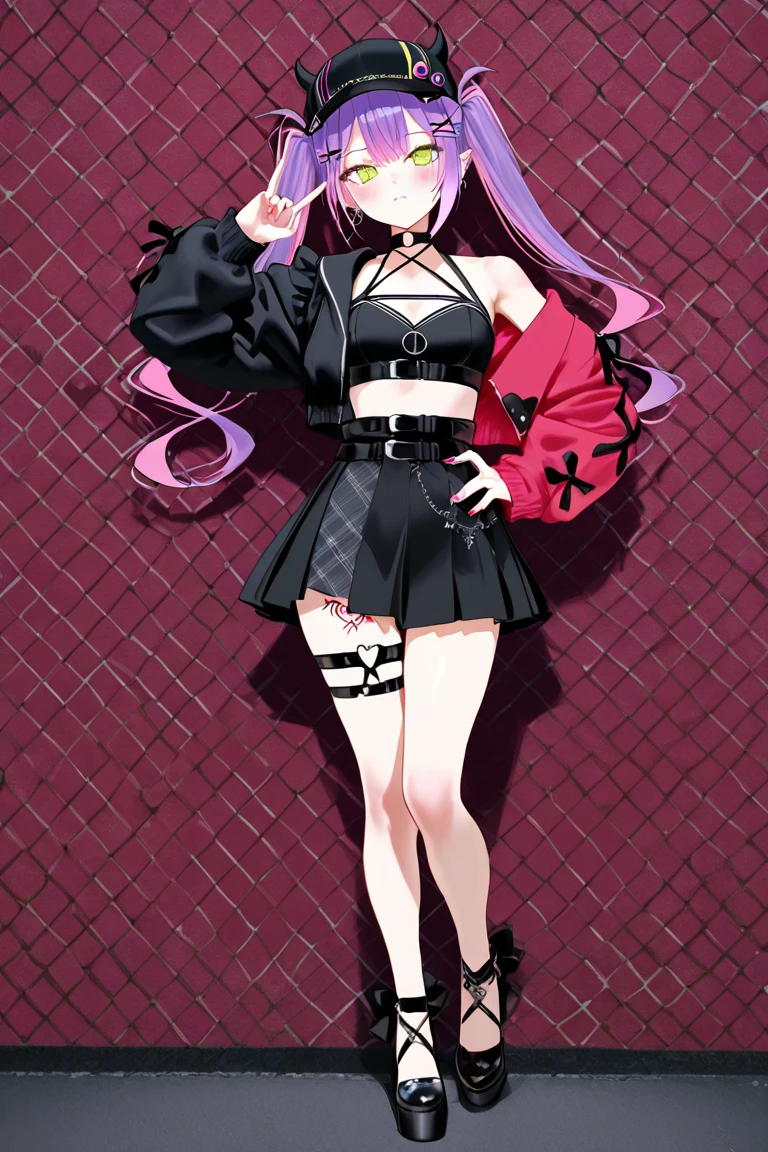Girl with pink hair, wearing a black top with a sweetheart cutout in the middle. She wears a black pleated miniskirt with white stripes and black stockings.