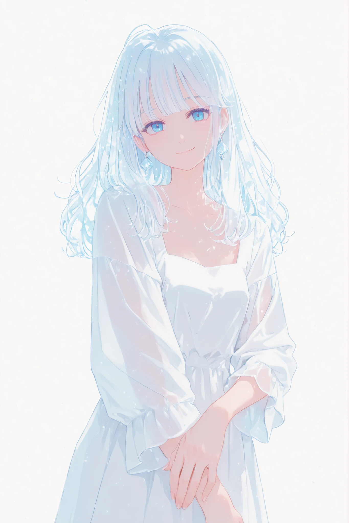 anime girl, grown up, white long fuzzy hair,  white plain dress, blue eyes, subtle pose, smile, transparent hair, jewelry, wispy bangs, coloured lighting