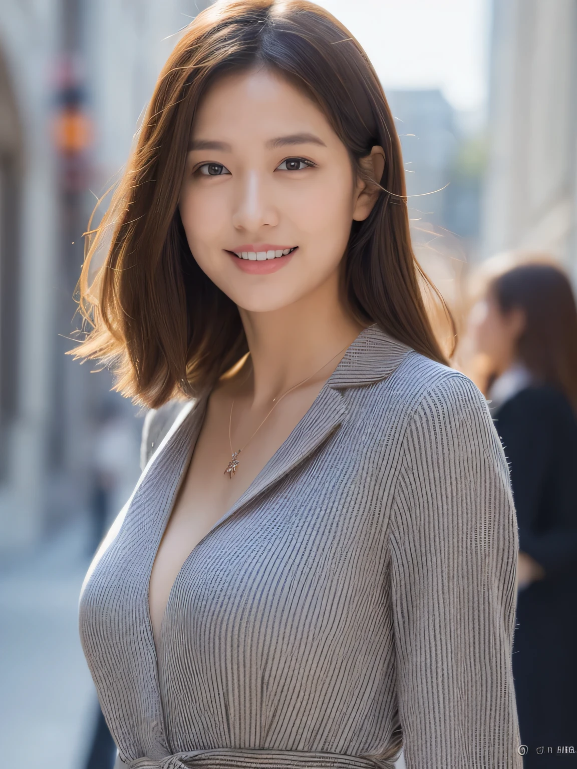 High resolution, Gaze, smile, teeth, Highest quality, High-resolution model, High detail, whole body、Textured skin, Brown Hair, Short Hair、Large Breasts, happiness/joy, Bright Eyes, accessories, Reality, Slanted Eyes, Realistic eyes、The best skin、Pink blouse、White pants、