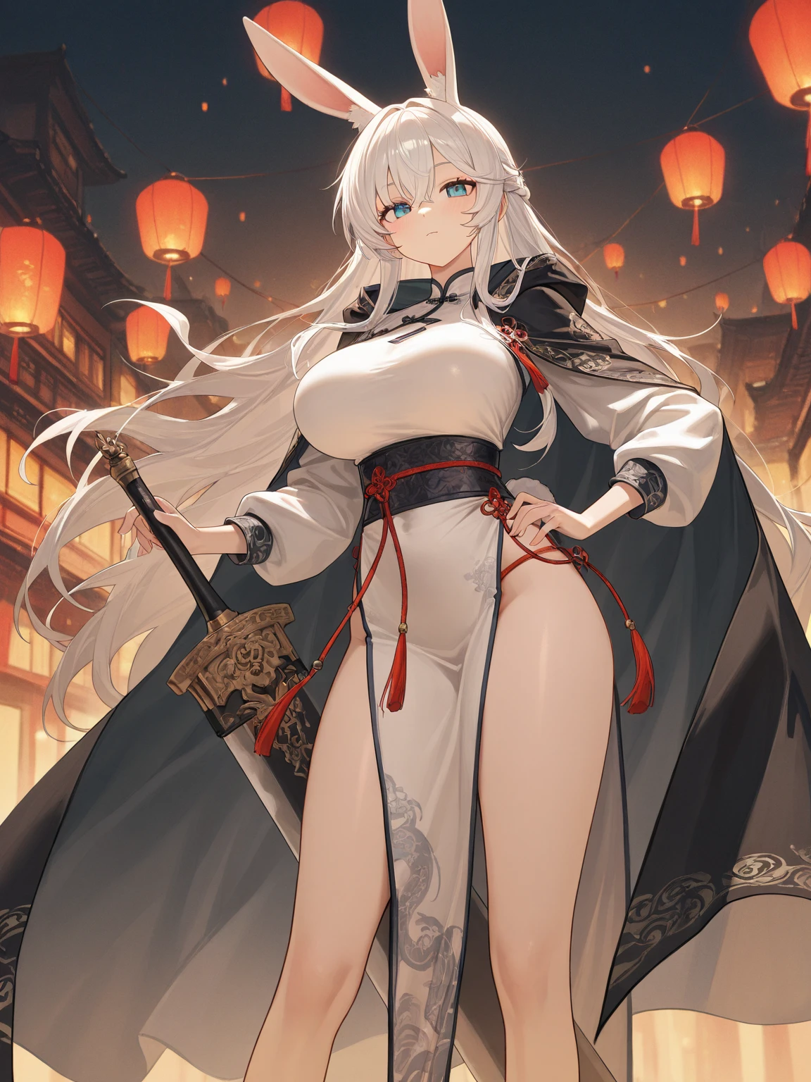 (best quality:1.3), (masterpiece:1.3), (illustration:1.3), (ultra-detailed:1.3), ((Best quality)), 1girl, white hair, (((china dress))), large breasts, red eyes, long hair, hair over one eye, outdoors, Chinese, night, pelvic curtain, close up,
