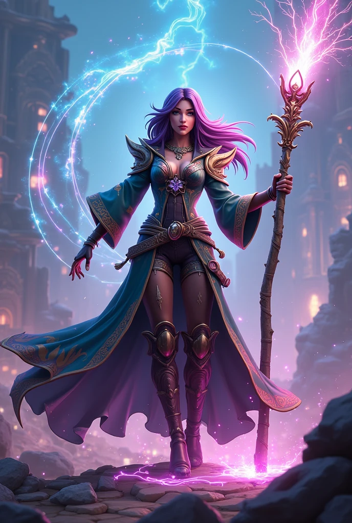 best quality, ultra high res, photorealistic, sfw, armored wizard, magical tattoos, apprentice, 1girl, looking at viewer, upper body, slender, small breasts, purple hair with white stripes, white croptop, (dark and moody universe:1.3), (elden ring style:1.3), (warhammer style:1.1), floating rocks, glowing pebbles, fiery dust, concept artist, global illumination, depth of field, gloomy, unsettling, splash art, art by artgerm and greg rutkowski and viktoria gavrilenko, scary smile, purple light, rule of the thirds