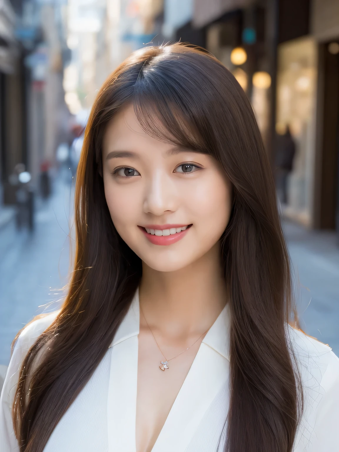 (((Yumikanok))),((Best quality, 8k, Masterpiece :1.3)), 1girl, smiling, full body, slim face, Pretty woman, (Dark brown hair), pink suit,short tight skirt, Ultra-detailed face, Detailed eyes, Double eyelid, bokeh background, slim face, night city, neon light,outside, tokyo street,japan