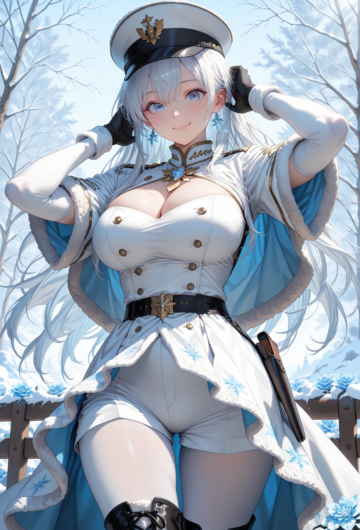 masterpiece, best quality, very aesthetic, absurdres, 1girl, mature_lady, ,Turquoise hairswept bangs,white_fur_cape, white_top, black_short_skirt,snow land,floating_hair