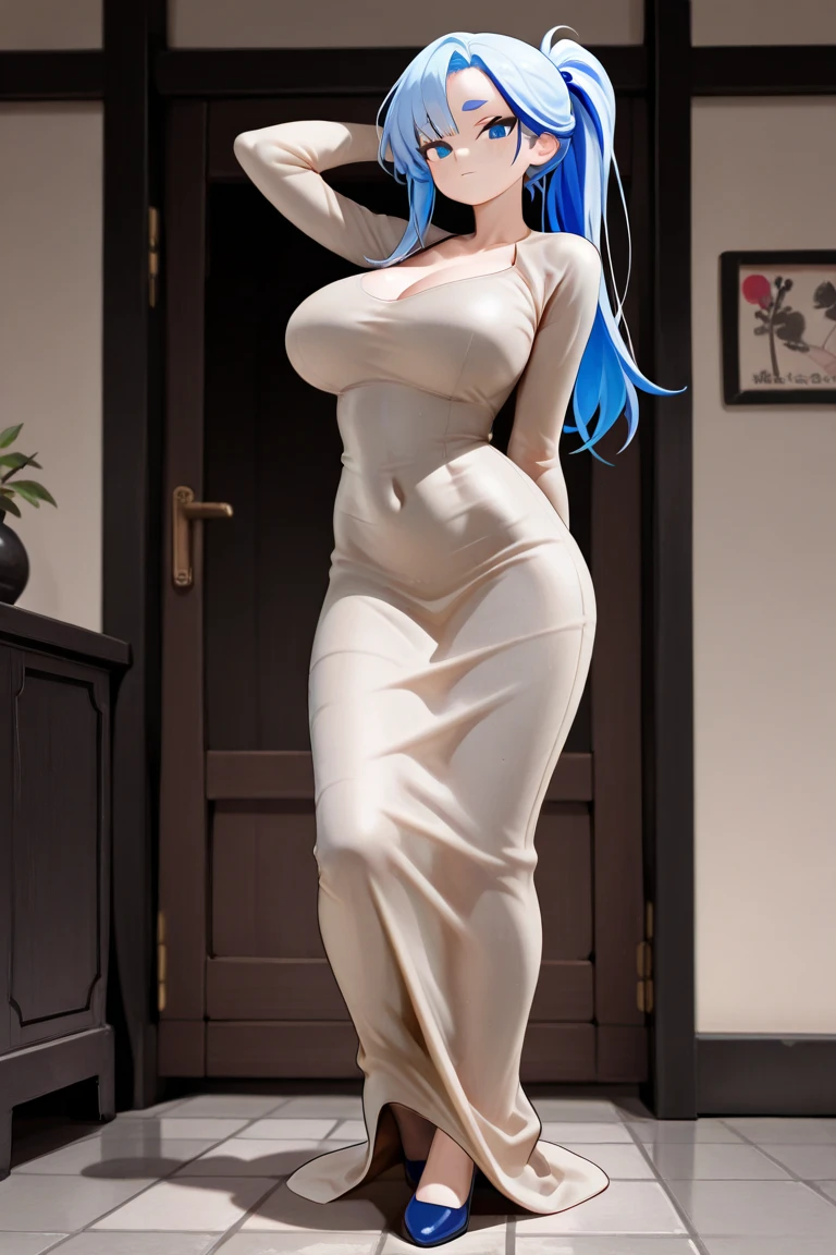 8K, Surreal, masterpiece, best quality, Very detailed, high resolution, Random Background, 1 girl, (:1.5),(((Full and soft breasts,)))(((Huge breasts))) (((Cleavage))) (Perfect curvy figure), Yao Liuer, Blue translucent dress,whole body,High heel,whole body,Blue Hair,