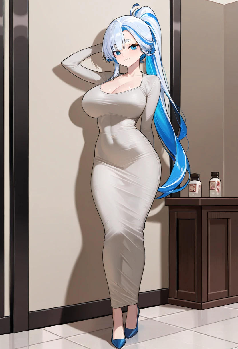 (Masterpiece), Best Quality, ultra-detailed, 1girl (rinko_iori, Slender and sexy body, huge and pretty breasts, wide hips, ????? body, dark blue hair, long wave hair, blue eyes), evil face, smirk,parted lips,mascara, full makeup, red lipstick, facing viewer, looking at viewer, solo, elegant tight evening dress, very tight dress, silver dress, sexy outfit, long slim and fit leg, big v neckline, 21thshirow, covered nipples, in the store, standing, Sexy waist teasing, a provocative pose, Full-body 