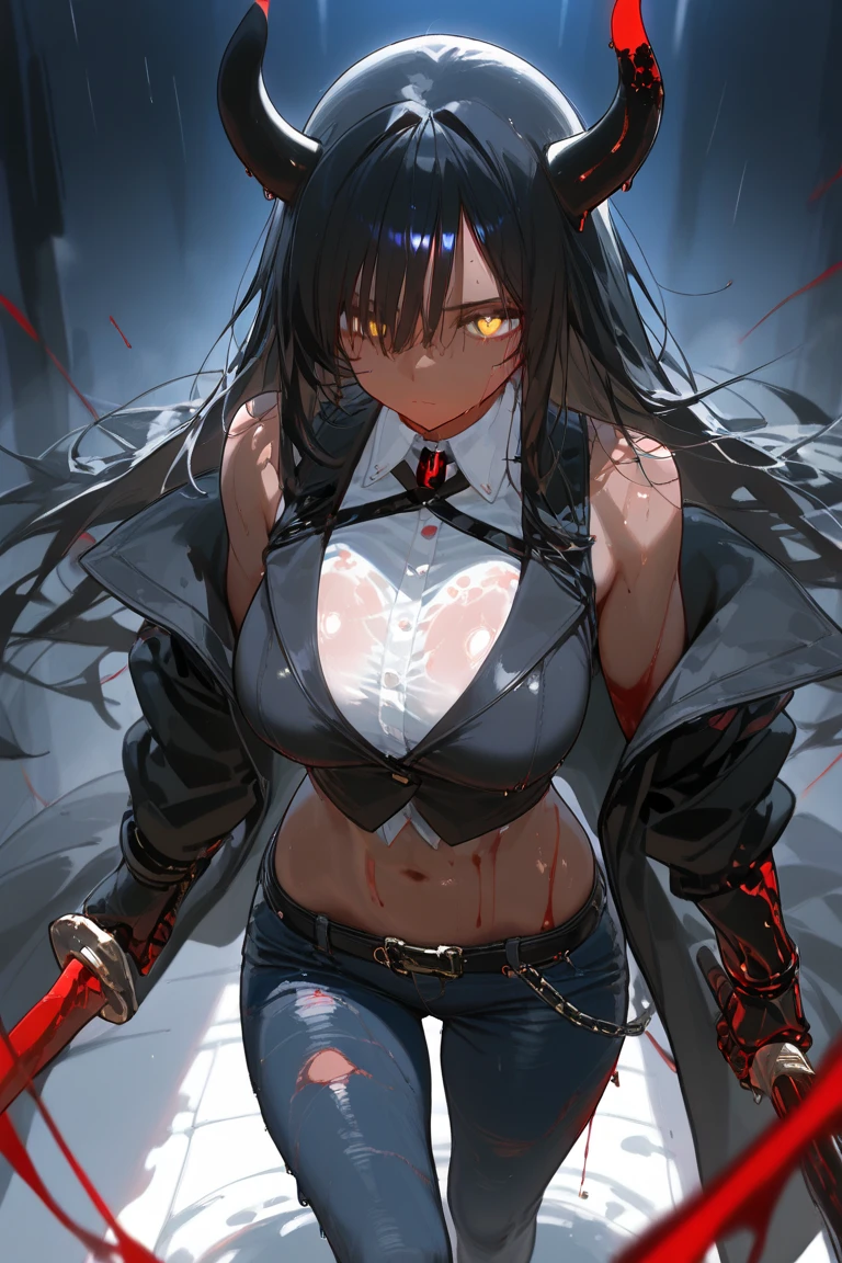 1 sexy female character, Kaneki Fem, unbuttoned hoodie, dripping rain, Red and black and white color palette, detailed eyes and face, One, heterochromia, Black background, bang, red eyes black sclera, blue eyes normal sclera, black and white long hair, Menacing aura, dark atmosphere, mysterious atmosphere, Intense expression, urban setting, Smoke and shadows, haunting presence, stylish and edgy, ray tracing, perfect combination of light and dark, gaze,(open waist), (open belly), Captivating presence, smooth and sharp, Contrast of red and black, ((supernatural abilities suggested: blood)), Rain-drenched streets, atmosphere of danger, Mysterious personality, urban gothic aesthetic, Stormy weather, exciting and alluring, shade of blood red, smoky streets, thoughtful protagonist, stormy skies,(unbutton your pants),(Open the bottom zipper), (Best quality, 8K, A high resolution)