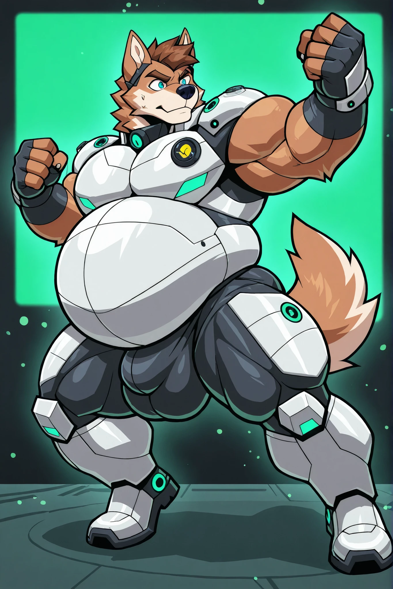 light brown wolf, furry, male focus, big belly, fat body, big large pectorals, muscular arms, thick thighs, huge muscular, short brown hair, blue eyes, light gray futuristic armor, green lights, huge bulge, action pose, full body