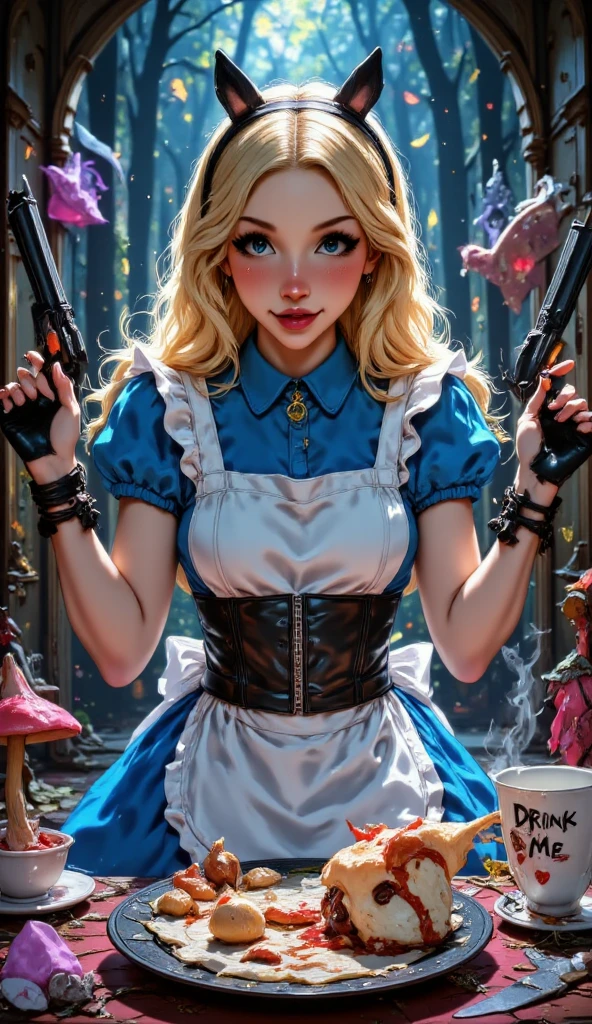 masterpiece, 1girl, solo, a sexy Alice in Wonderland with blonde hair, powder blue dress with white apron, white stockings, cleavage, dynamic, ultra high def, 32k, (tall and slender:1.4),(perfect anatomy:1.5), perfect legs, in the style of Artgerm and Adam Hughes, (ahegao:1.5), (rolling eyes:1.5)