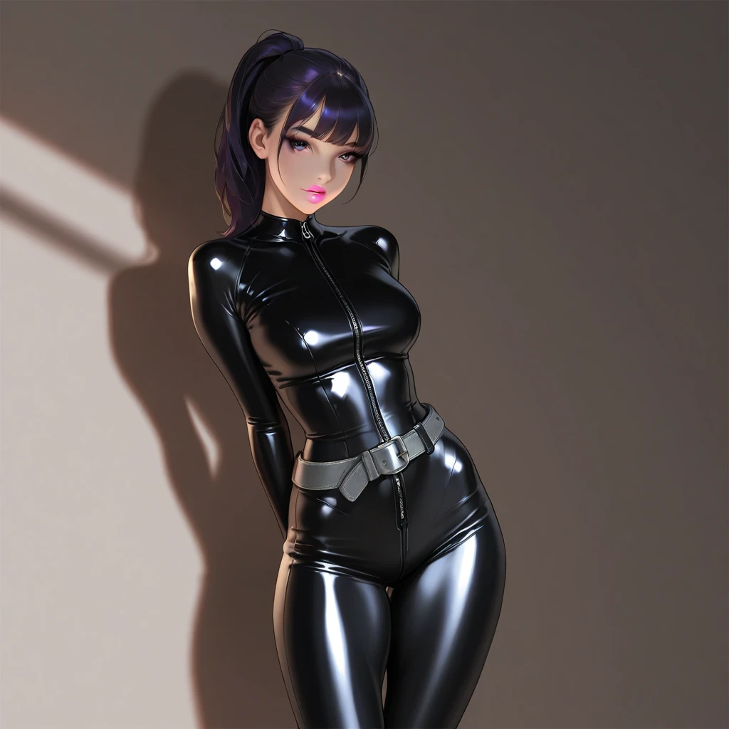 A woman in purple and black clothing, Morrigan Aenlsand style.
