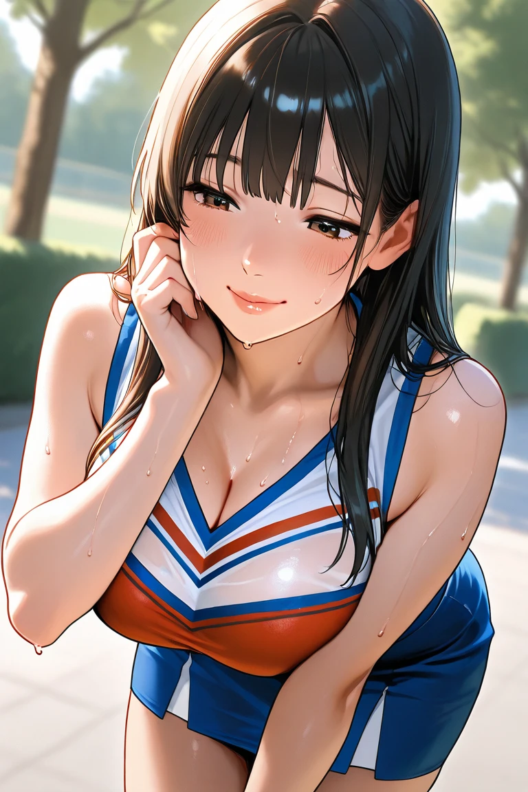 ((Cheerleader、Highest quality、Masterpiece、High resolution))、(((Zoom photo from above、semen、Bukkake、Wet body、Wet Hair)))、(smile、blush)、Big Breasts、Cleavage、Inside the gym、Blue Hair