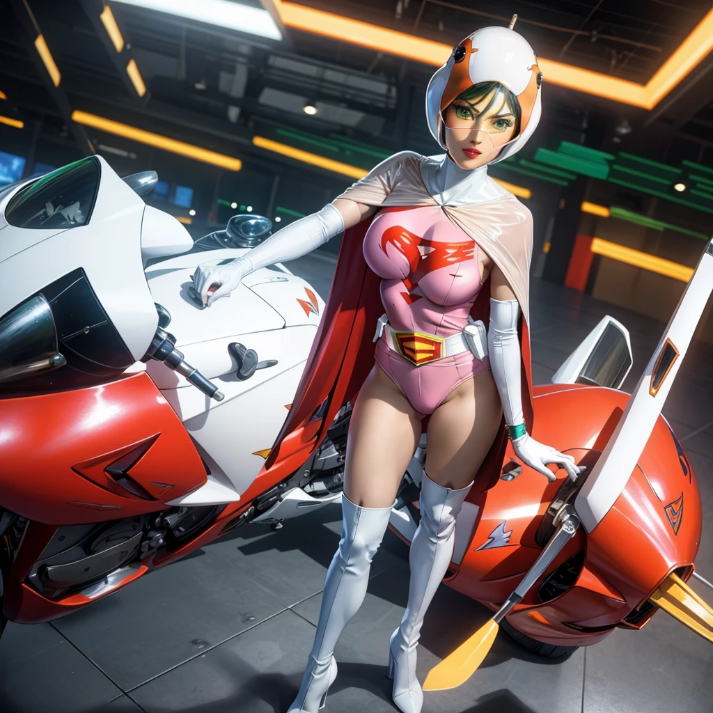 ANI_CLASSIC_jun_gatchaman_ownwaifu,1girl, 15yo,good anatomy, masterpiece, best quality,realistic, hyperrealistic, 16k hdr, long hair,breasts,green eyes,lips,large breasts,lipstick,makeup,gloves,cape,helmet,belt,elbow gloves,white gloves,mask,ultra miniskirt,leotard,spacesuit,white tight overknee highheels boots,pink dress,superhero,bodysuit,cleavage,erected nipples,(sexy pose,view from above),(spread legs:1.1),cameltoe
