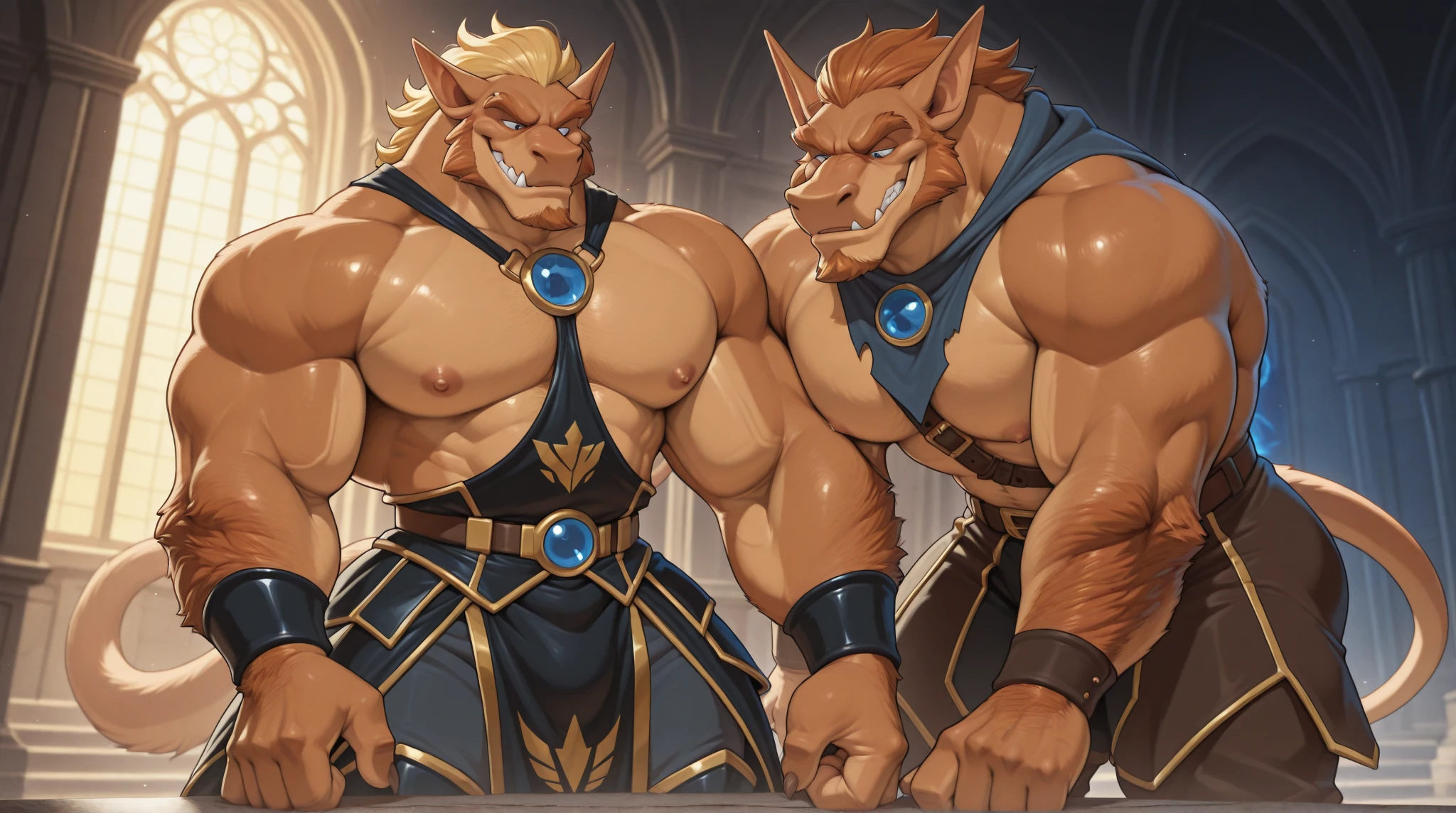 uploaded to e621.net, masterpiece, 8k, hyena woman, gray hair, matriarch, muscular, barbarian outfit, brown leather outfit, beige fur, spots, wooden throne, seated, huge breasts, large areolae, nipple outline, laughing, primitive keep, stone room, treasures, (crowded:1.3), (figures in background:1.5), (muscular guards:1.2), longhouse, by darkgem, by meesh, by bng, by duase, 