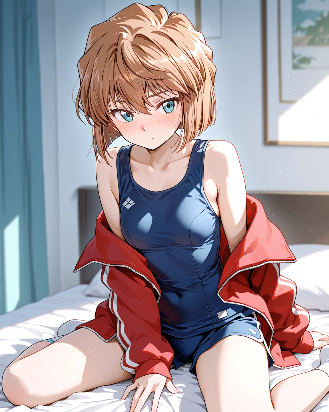 masterpiece, best quality, 8k, highres, 1girl, night, seductive smile, competition swimsuit, oily skin, wet, detailed skin, on bed,