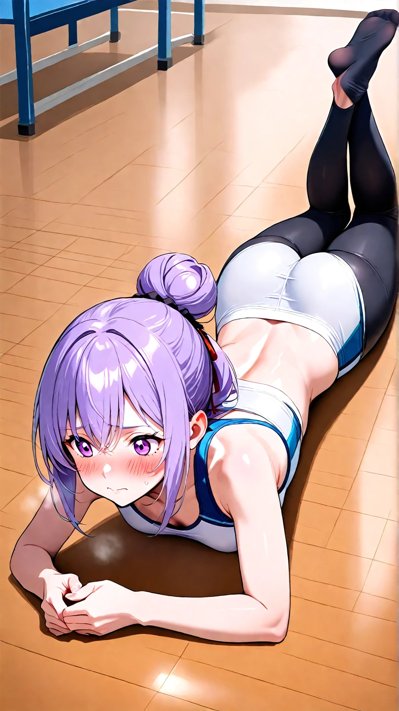nsfw:1.2,expensivequality illustration, masterpiece, Very delicate and beautiful, Attractive girl,(Gymnastics leotard,Tight leotard,length_Leotard with sleeves,expensive_Leg leotard,athletic leotard),Purple Hair,Short here, Audience reaction,thin,Huge Breasts:1.2,Gym,Gymnastics Club,(Long nipples:1.4)、((There is a stain in the crotch area:1.5))、cameltoe、(Crouch:1.5、Squat)、Facing forward、((1 boy, pov hands, grab breasts:1.2))