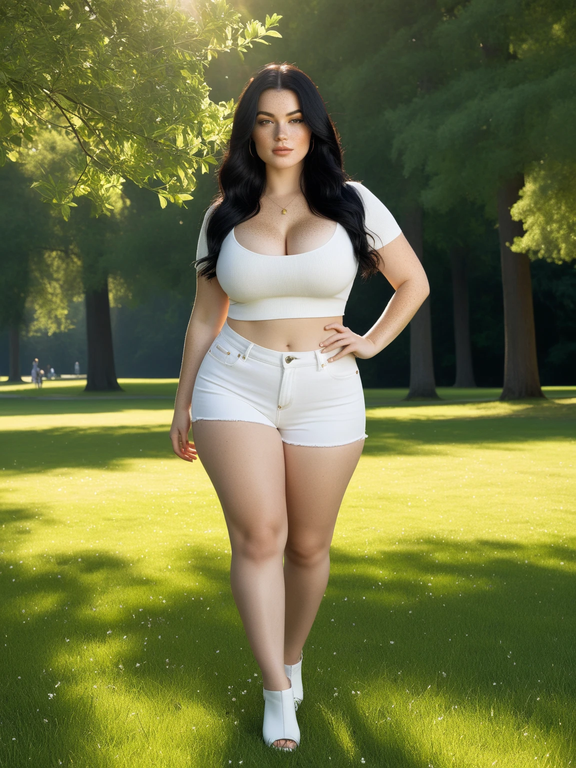 35 years old woman, plus size model, she has shoulder-length black hair, she wears golf