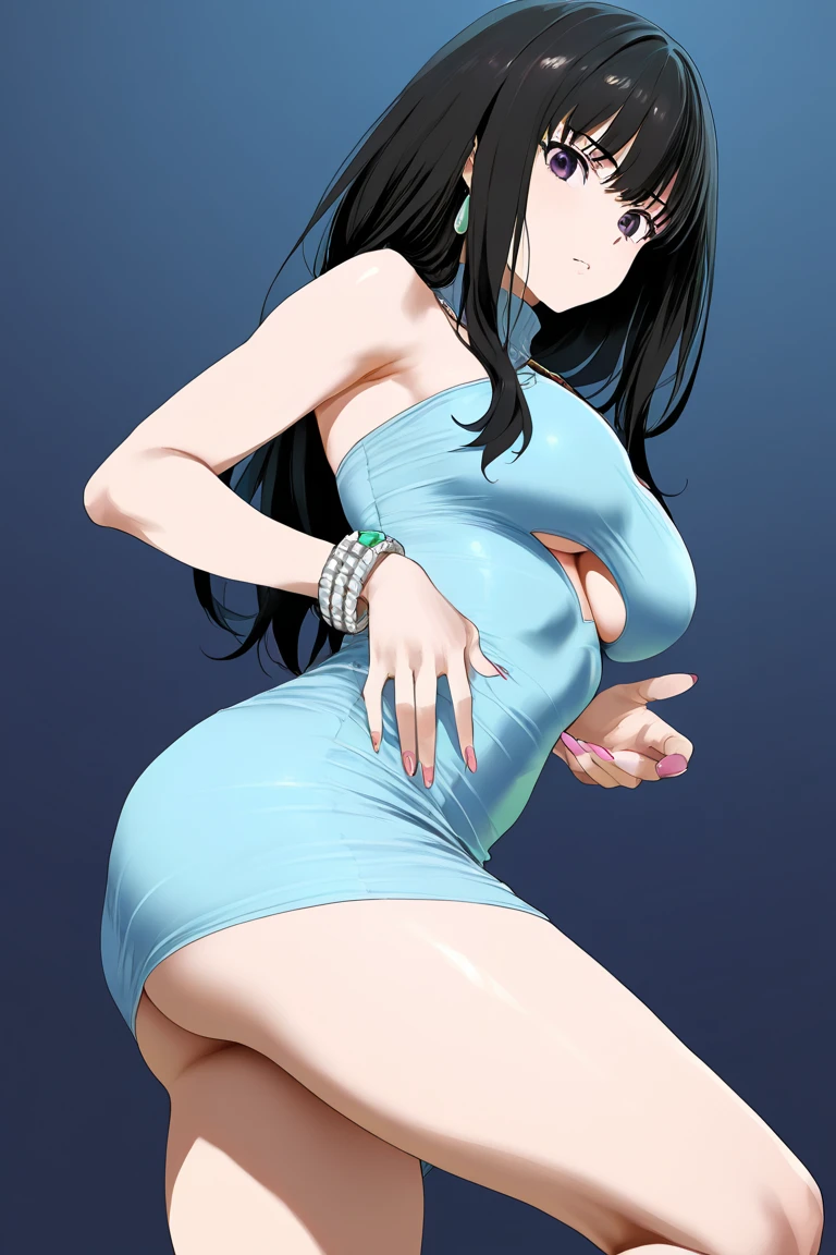 highres, (masterpiece:1.2), (best quality, highest quality), blue-dark-hair, 1 girl, solo, standing, long hair, red eyes, BTP, large ass, white-swimsuit, revealing clothes, pussy, shiny skin, undressing