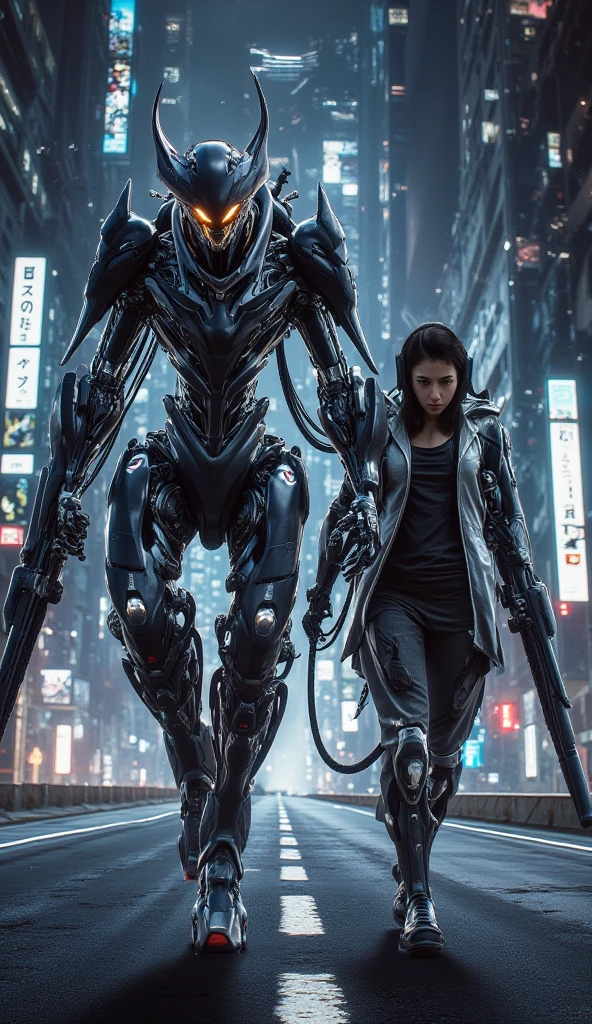 A frightening alien cityscapes, flying vehicles. At night, 1 technologically advanced, organic-realism-infused humanoid female robot, solo, photo realistic, medium-breast:1.3 slim body, cleavage, sling top, miniskirt, (matrix style black sunglasses, holding a short gun), half-body thigh level medium shot, cinematic lighting, ray tracing.