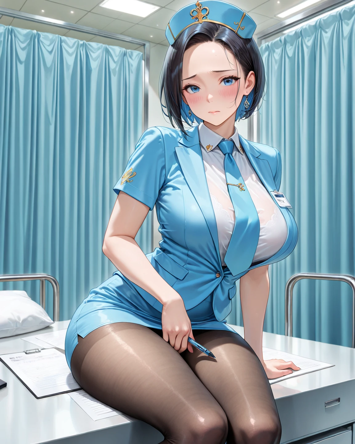 1 girl, (alone:1.2), (cowboy shot:1.2), (Beautiful and detailed eye depiction), (beautiful and detailed face), perfect female body, handsome figure, thin waist, (young girl), (), long hair, brown hair, very big eyes, blue eyes, big breasts, blush, shy, watery lips, nurse, (transparent nurse dress), nurse 聴診器, button removed, (white gloves:1.2), (white garter belt), high heels, necklace, earrings, indoors, school nurse, Hospital bed, window, white curtains, sunlight, squat, (highest quality), (Super detailed), (masterpiece), (High resolution), (original), (Highly detailed CG Unity 8K wallpaper), Character Design, game CG, Detailed cartoon illustrations,(NSFW 1.1)