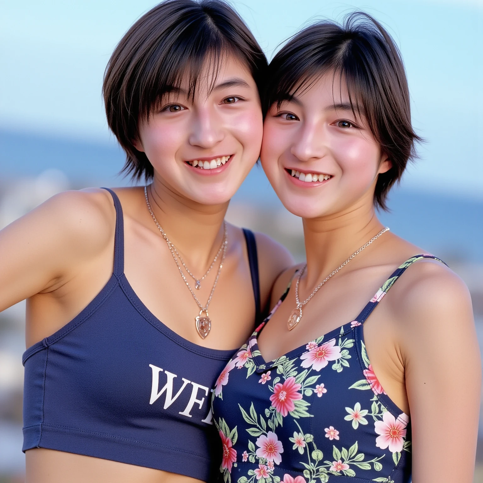 Top quality, 1 beautiful woman, Super short Hair, Gold Hair, wearing tanktop , Laugh, Sunlight, at Beach, Swayback