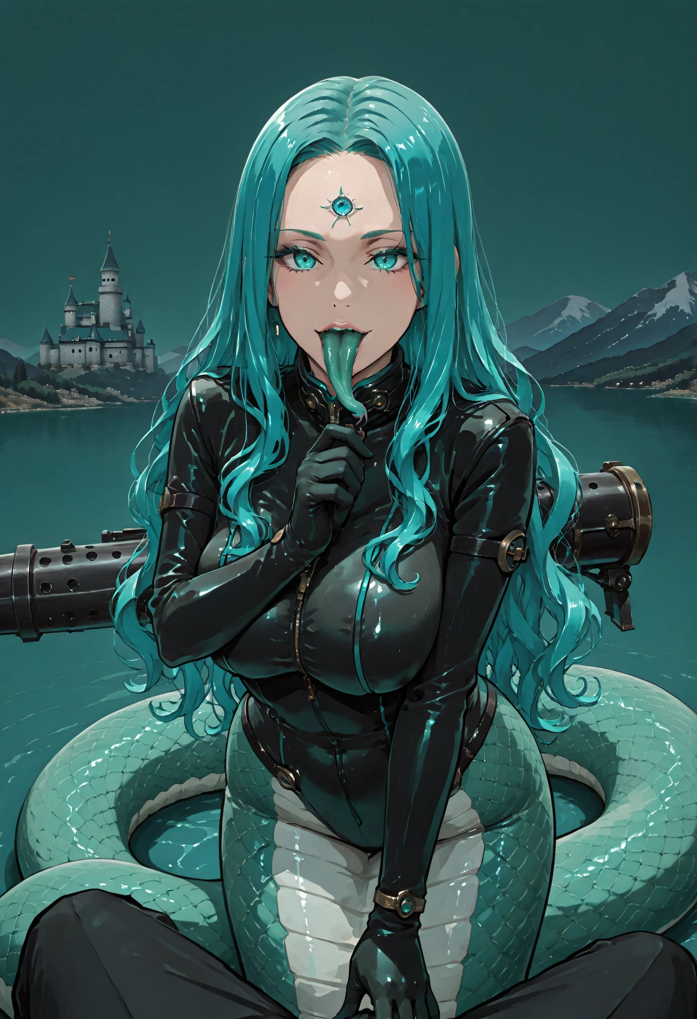 Giant girl. Lamia style. Aqua color hair. Wavy hair. Long hair. Forehead. Snake tongue. Sci-fi bodysuit. Multiple eye costume. Black costume. Turquoise decoration. Holding bazooka. Nature color snake body. Kaiju POV. Distant background. Mountain range. Japanese style castle. Cannon turret.