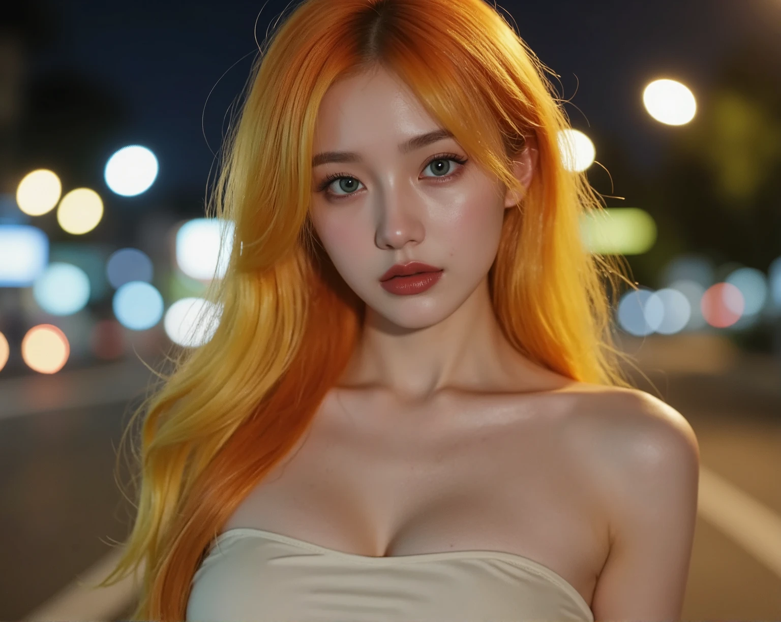 mulher com cabelos ruivos posando na frente de um carro, ela tem cabelos longos e redorange, pele laranja e cabelo ardente longo, longos cabelos ondulados laranja, cabelo laranja longo, Ela tem longos cabelos castanhos alaranjados, com longos cabelos ruivos, gengibre cabelo ondulado, orange hair, cabelo laranja brilhante, longos cabelos ruivos brilhantes, menina coreana, linda mulher coreana jovem