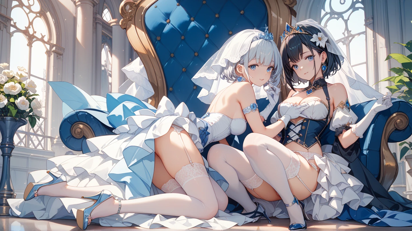 {NSFW}、{{{masutepiece}}}, {{{Best Quality}}}, {{Ultra-detailed}}, {{extremely delicate and beautiful}},(nffsw), (Best Quality, 8K, 32K, masutepiece, nffsw:1.2),a photo of a cute girl, of the highest quality, Best Quality, Realistic, Unity, 8K Picture Wallpaper, Official art,(2girls:1.3),(Sisters aged 15 and 17:1.5),(Princess dresses with lots of decorations:1.3),(gorgeous tiara:1.3),(Smile:1.3),(Sweaty skin:1.3),child,Black eyes,(princess dress:1.3),(Behind the glittering palace:1.3),(Dynamic Pause:1.1),(Full body:1.2),(skirt lift by yourself:1.5),{Cotton panties:1.2}、{Erotic panties}、{Ultra High Definition Shorts}、{Cameltoe}、{オマンコThe streaks are clear}、{オマンコThe shape of the}