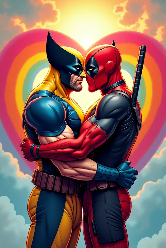 Create a vibrant, close-up comic-style illustration of Deadpool and Wolverine in an affectionate embrace. Show Deadpool gently kissing Wolverine on the cheek, with both characters displaying warmth and intimacy. Use clean lines and bold colors to highlight the contrast between Deadpool's red and black costume and Wolverine's rugged attire. The background should enhance the tender mood, using soft, warm hues to create a cozy, loving atmosphere.