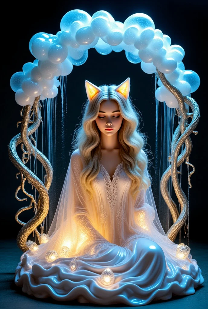 Women with ,golden curly hair,Blue eyes,white fox ears,,white translucent long dress with thin straps