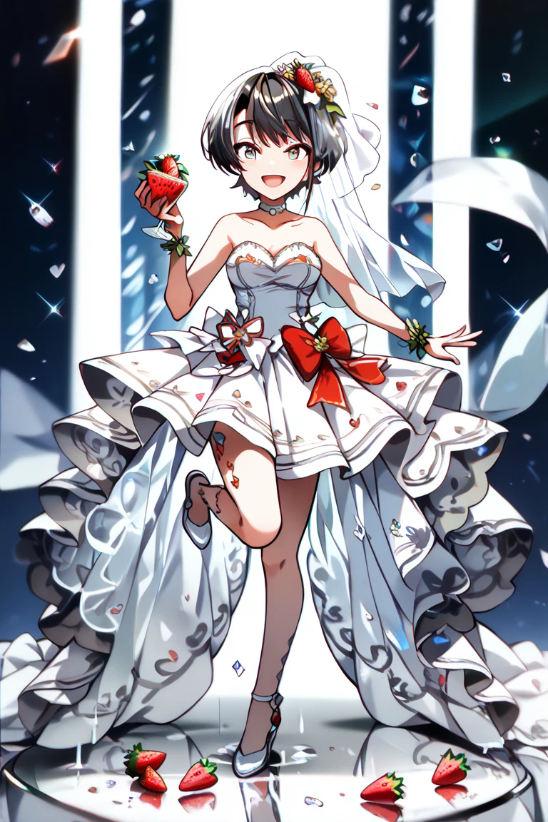 masterpiece, best quality, highres, 1girl lainie cyan hair flower red eyes short hair, purple skirt white dress strapless dress white chocker white gloves elbow gloves cleavage bare shoulders bow flower <lora:lainie_cyan:1> from side