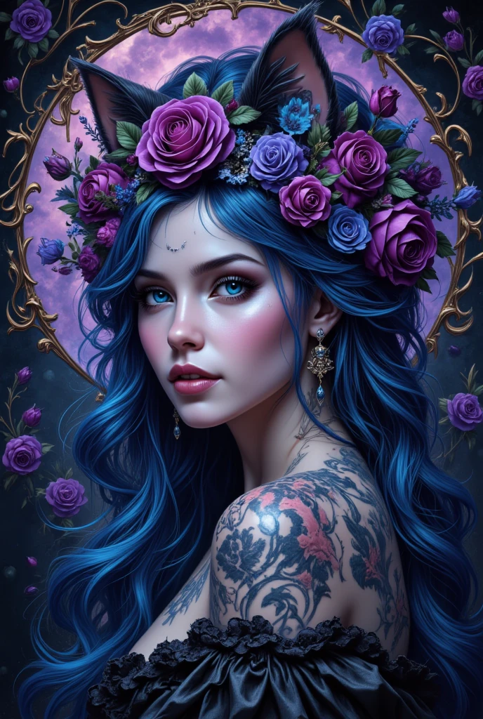 vampire, beautiful and sensual, totally naked, with completely pale skin, with red eyes, with very long purple curly hair, standing full length in a garden with many blue roses, under a pink moon, painted by William Adolphe Bouguereau