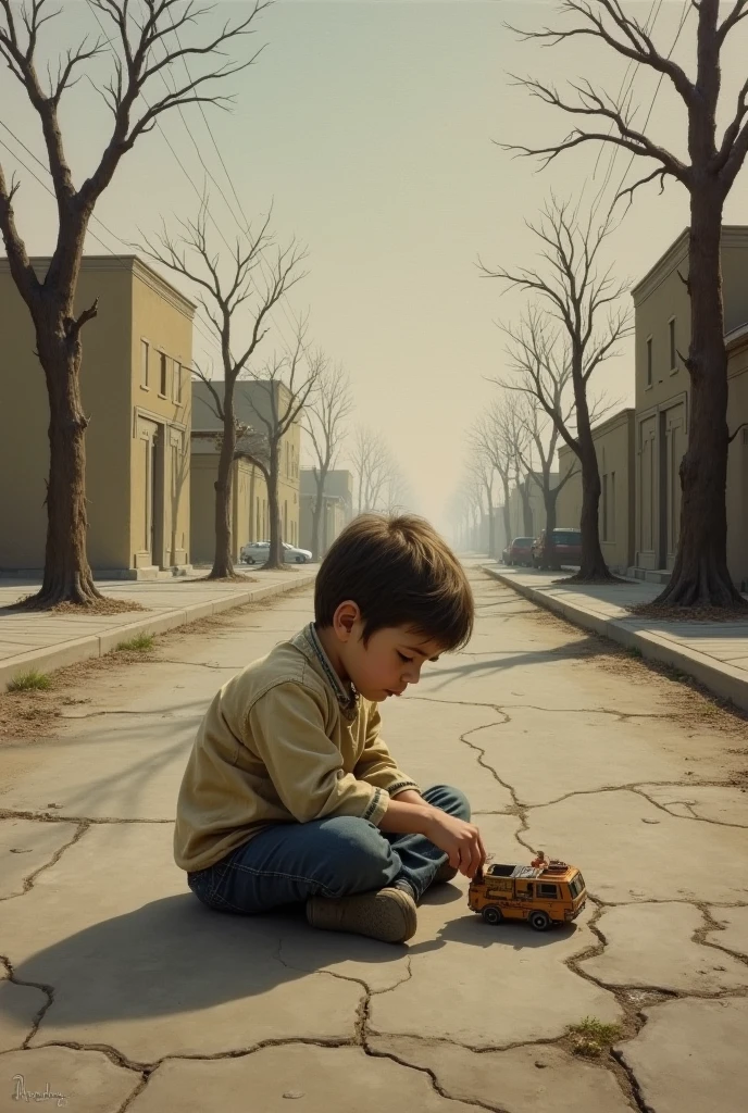 6yo old dirty poor boy, with old and dirty and torn clothes, squatting in the sidewalk, fruits to sell on the floor, dirty streets, crowd ignoring him, sad looking, sad cinematic scene, sad lightning, ((top quality, 8k, masterpiece))