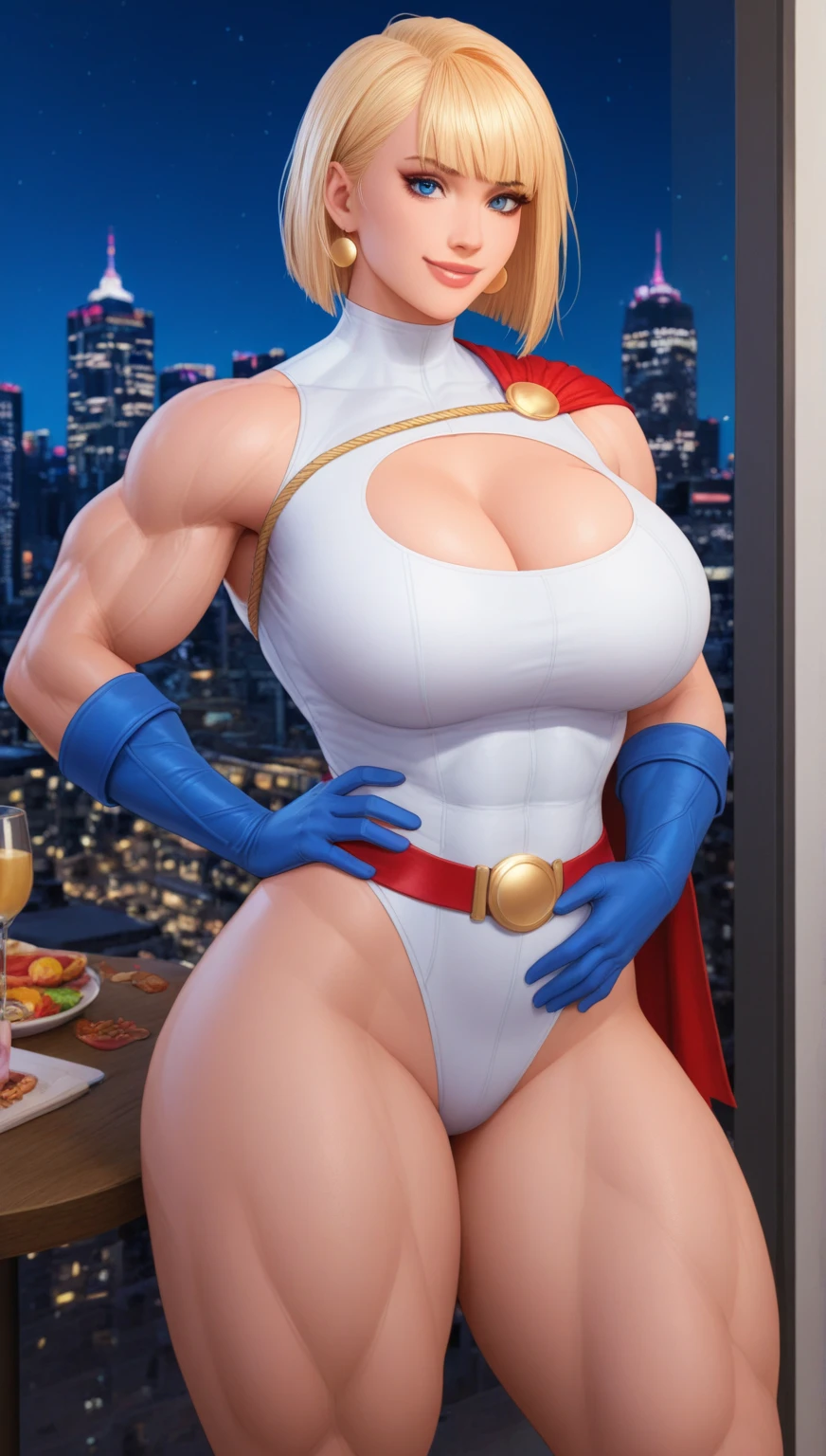CombatMedic, mature female, 1girl,hand arm above head, blonde hair, official alternate costume, blue eyes, armband,looking at viewer, multicolored clothes, alternate hairstyle, (masterpiece:1.4),(best quality:1.4) bikini huge breasts