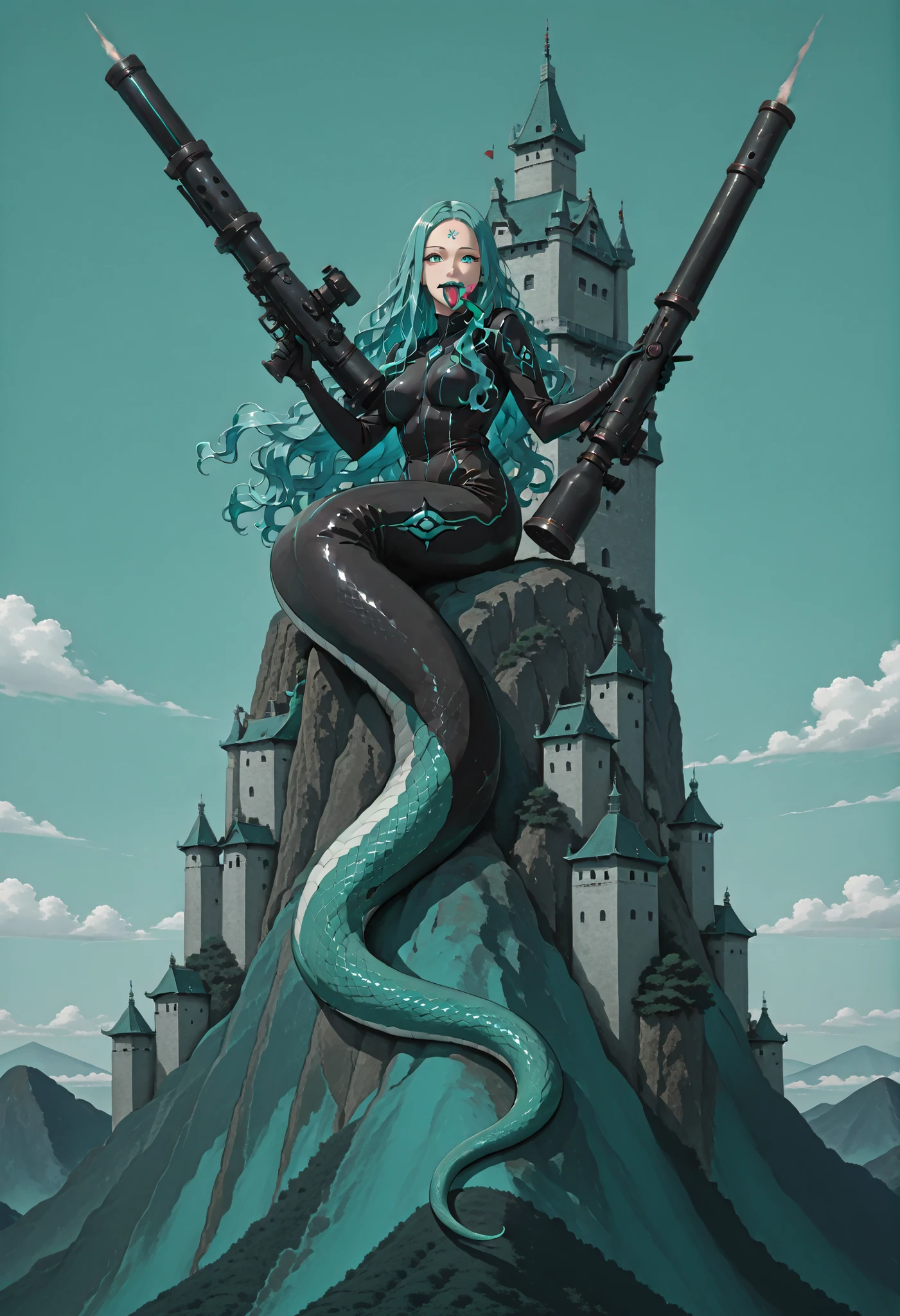 Giant girl. Lamia style. Aqua color hair. Wavy hair. Long hair. Forehead. Snake tongue. Sci-fi bodysuit. Multiple eye costume. Black costume. Turquoise decoration. Holding bazooka. Nature color snake body. Sit on a mountain. Distant background. Mountain range. Japanese style castle. Cannon turret.
