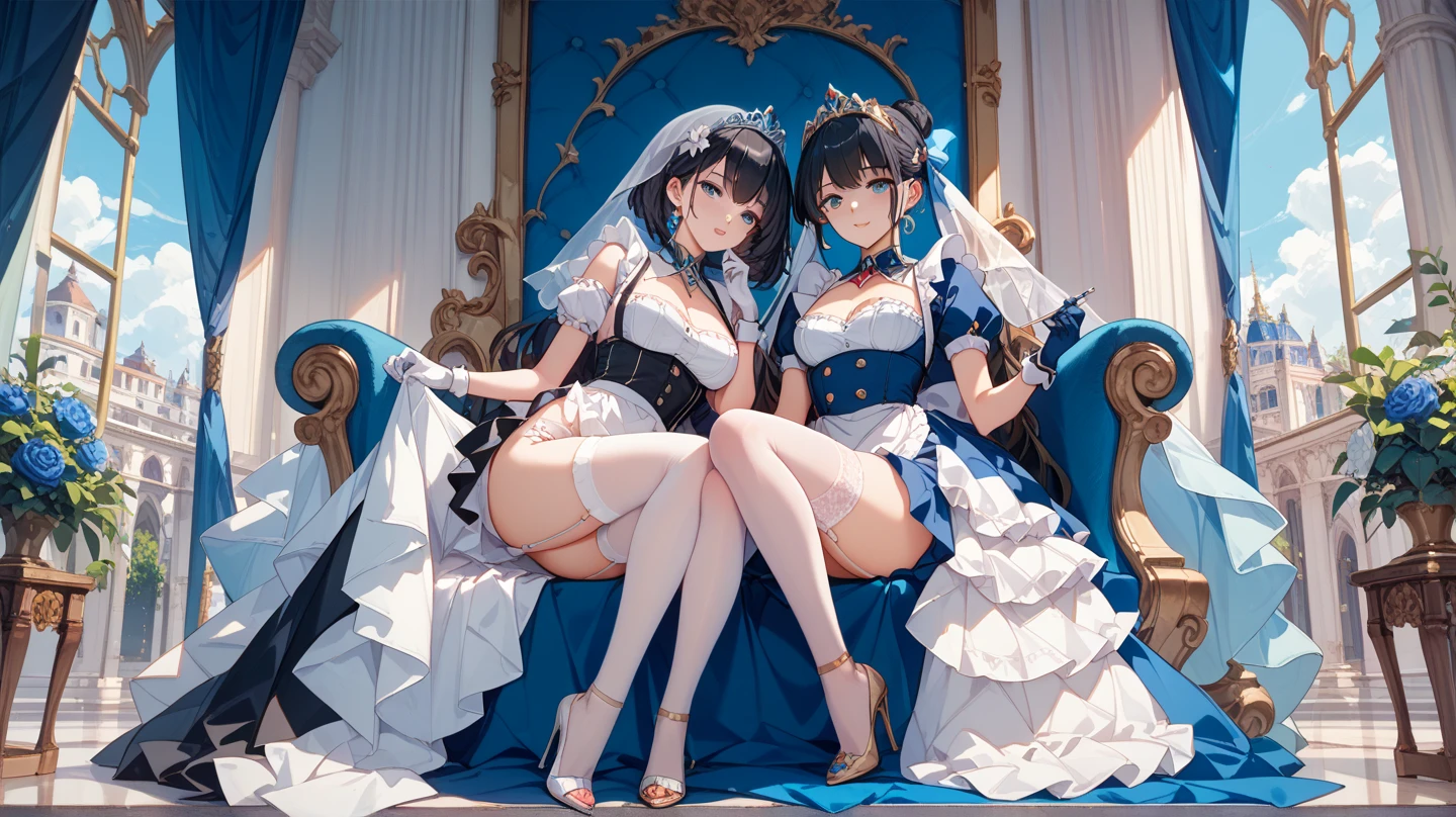 Attractive dressing Beautiful colorful hairs,perfect facial features of well dressed two Women's mother and wife laying one upon in bedroom empty hand's ,looks like gorgeous wife giving a eligent pose wearing princess wedding gown dress, added anime stockings ((with big body curves, attractive queen diamond crown full dressed white and purple clothing,bouncy breasts:2.4 thin waist,big wide hips , but gigantic thighs)) wearing necklaces with princess sexy attractive long frock clothes full body clothing wedding white and purple bride clothes added stockings flowen net design frock
