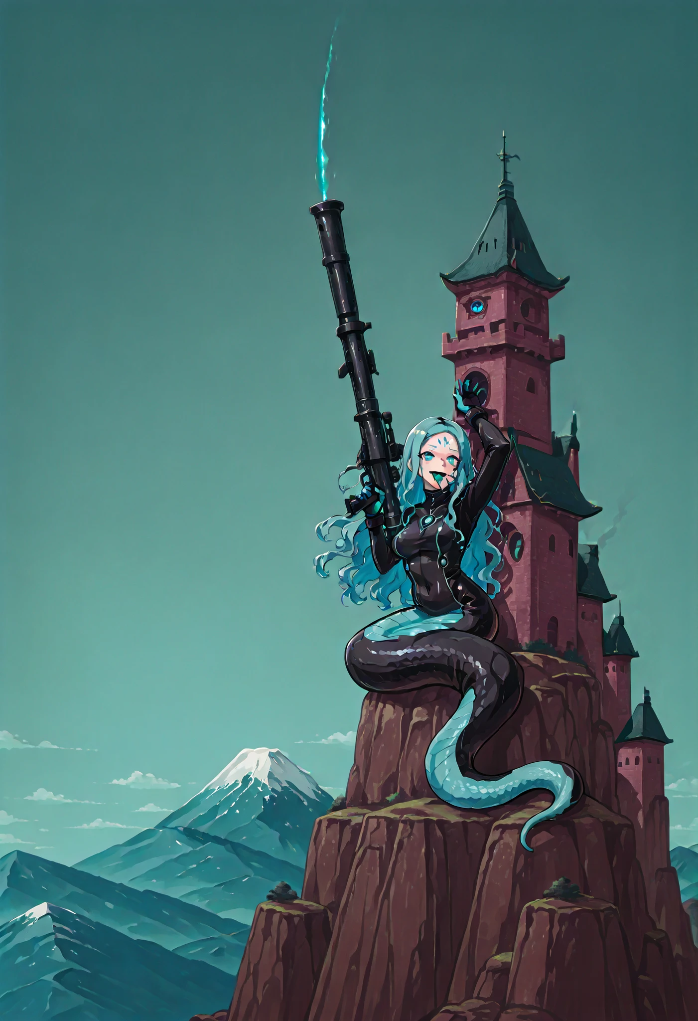 Giant girl. Lamia style. Aqua color hair. Wavy hair. Long hair. Forehead. Snake tongue. Sci-fi bodysuit. Multiple eye costume. Black costume. Turquoise decoration. Holding bazooka. Nature color snake body. Sit on a mountain. Distant background. Mountain range. Japanese style castle. Cannon turret.