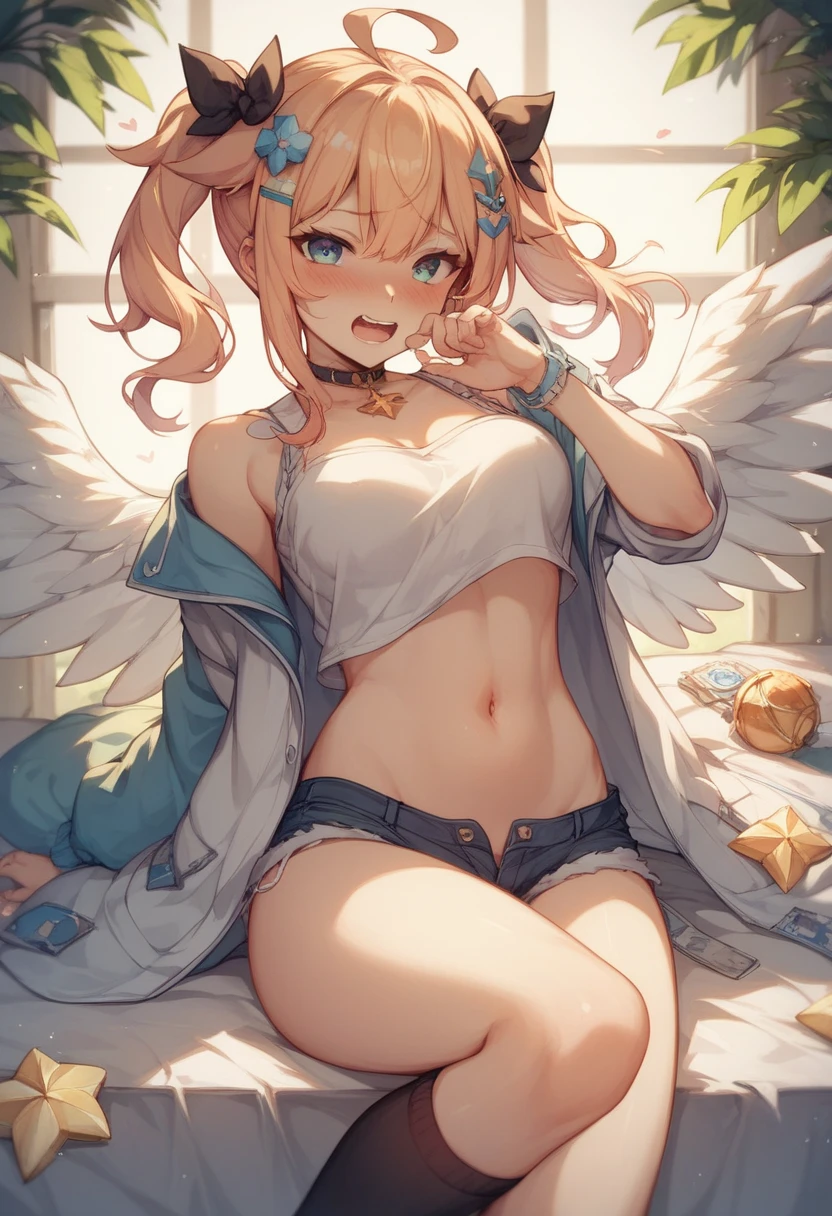 . absurdres, highres, ultra detailed, Gabriel tenma , angry face ,auréola , solo , pink jacket, open clothes, bra , flat chest , highleg pantie , angel wings looking at viewer , lace stockings, bedroom .