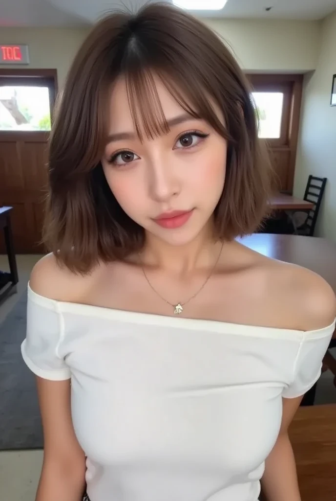 half-body photo of a young girl, (Perfect beauty:1.37), ((platinum brown hair)), medium(((perfect natural breasts))), cleavage, sexy collarbone, oval face, double eyelids, smart peach blossom eyes, pink lips, small nose, bangs, bare shoulders, strapless(black lace short dress), (Outdoor, Night:1.125), Park view, Super fine face, Fine eyes, Double eyelids, (Clear focus), (Realistic lighting, Best quality, 8K, Masterpiece: 1.43),