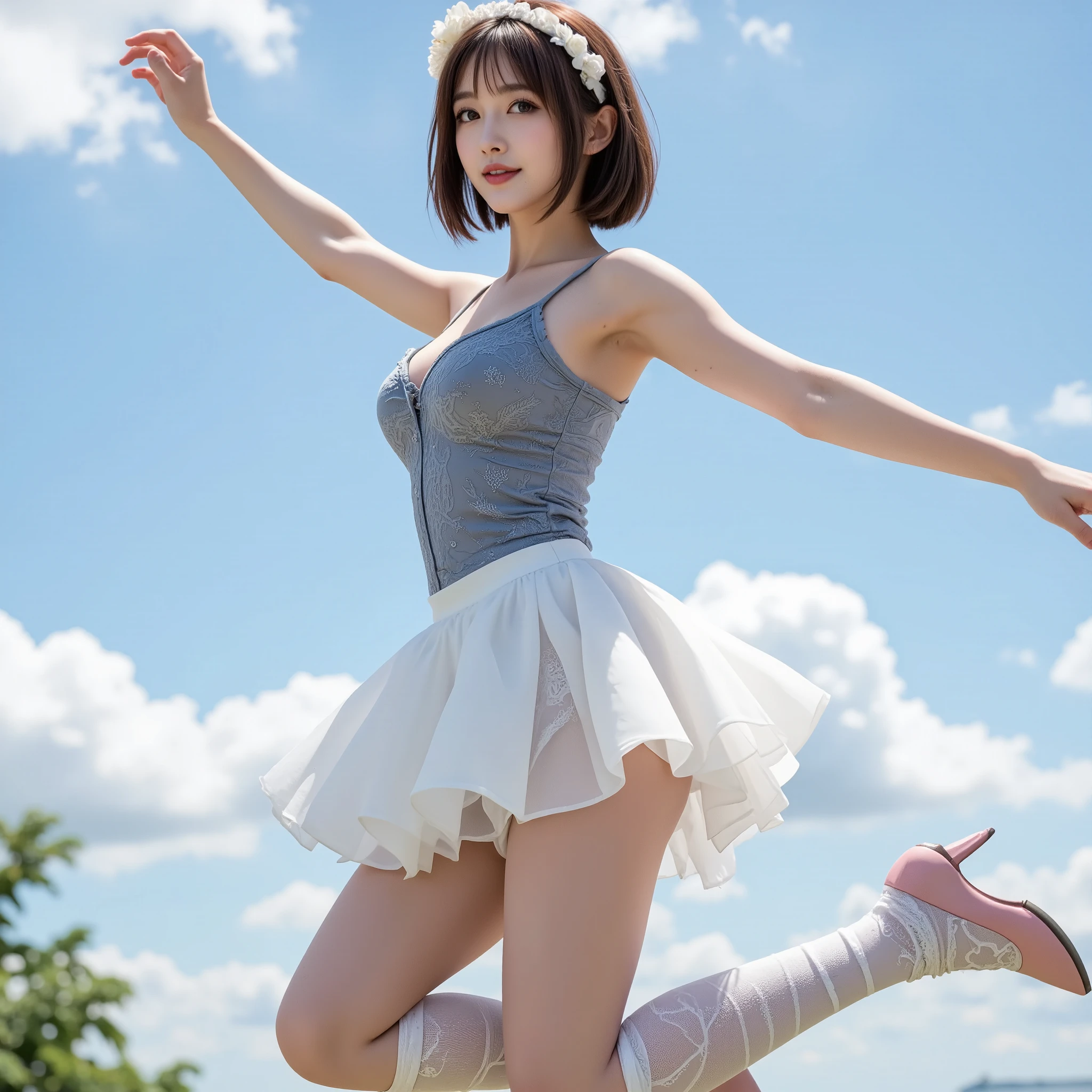 {(Masterpiece) (8K High Resolution) (Best Quality) (Ultra Definition) (Ultra Realistic) (Beautiful Girl) (RAW photo) (Photorealistic) (The most beautiful face) (Perfect body) (5 fingers) (9 life-size) (16 years old) (Korean) (Full body) (One girl) (short pink hair) (Body and face without defects)} (Stairs on the pedestrian bridge, strong wind blowing) {(French doll) (Cheng Xiao) (small round face) (Perfect high nose) (Perfect big eyes) (Beautiful double eyelids) (Wearing a white dress) (Wearing a long skirt) ((The skirt is flipped up and the panties are clearly visible))) ((Shot from below)) (camera gaze)}