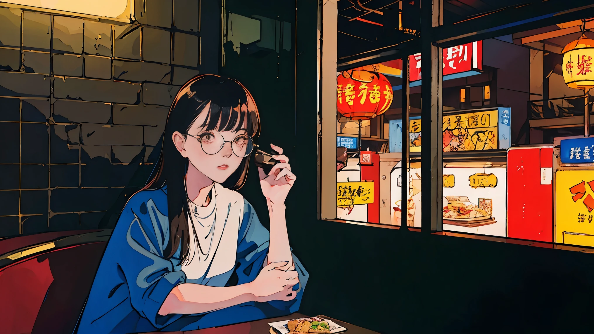 Beautiful Asian redhead sitting in a restaurant at night, Visible from the window, face perfect, oculos de sol, Smoking white Taylormade cigarettes, Neon black, (back-illuminated: 1.1), hard shadows, work of art, highest quallity, complex, model shooting style, vintage, Film grain, incomplete details