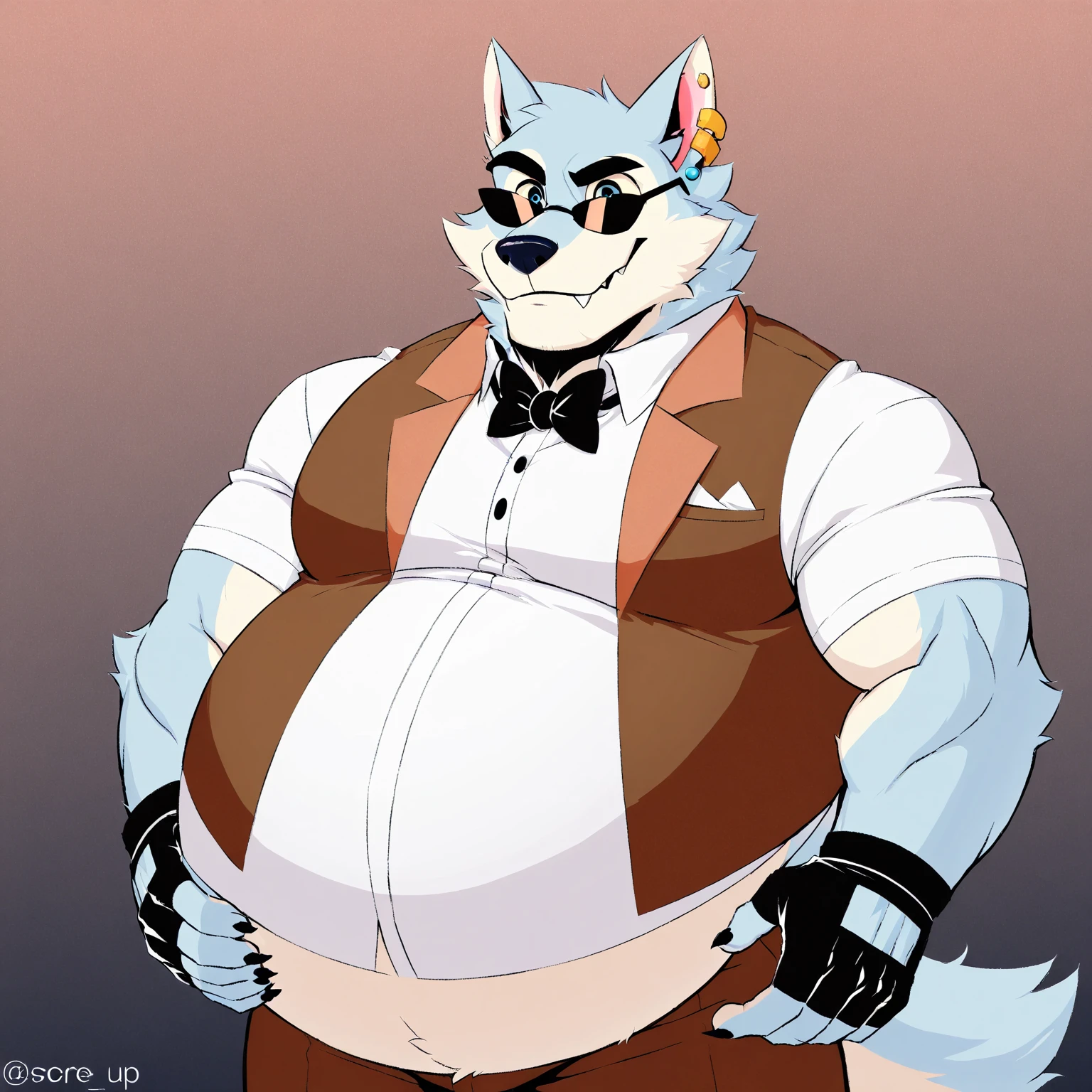 , by bontiage a burgundy chubby shirtless anthropomorphic wolf with a big belly, a pair of tight thongs with some suspenders and a bowtie, at a club