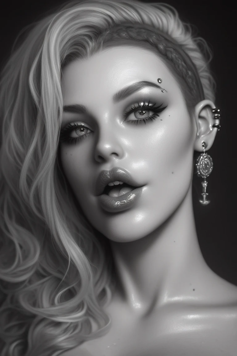 mixed_artwork style, 1 girl, standing alone, hands, beautiful woman, Asian, spiky white hair, , vintage/cyberpunk white pour, White lipstick, white eyes, face piercing, white tattoos on the body, printed skeletons, rebel, synthetic body, realistic, textures, 8K, perfect hand, perfect anatomy, visible curves, small Breasts