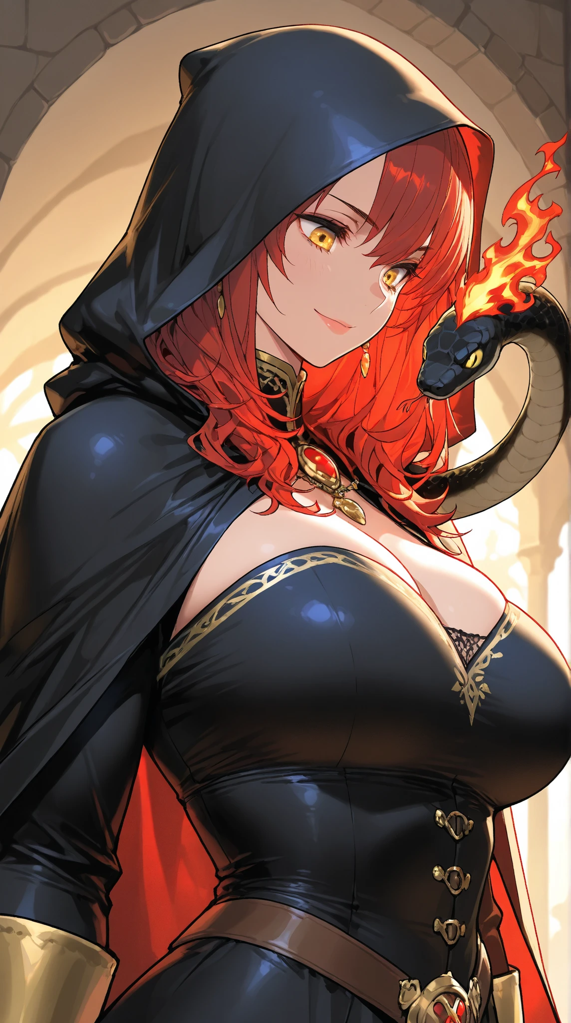 young woman, 21 years old, Draconid, curvy body, thick thighs, scales on the sides of the thighs, horns, tail, Long orange hair, smile, night forest