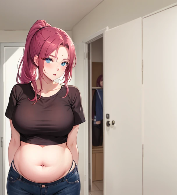 ，illustration of a woman in clothing store, 1990s patterned shirt with sweater jacket, belly folds, belly sticking out above bottoms,  tight red jeans, love handles, chubby belly, skinny:1.3,   skin indentation,  deep skin, best quality, extremely high resolution, sharp focus, dynamic, inside a clothing store (creativity:1.3),  (((small chest))) ((nipples visible through shirt))