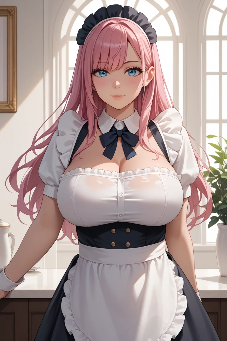 best quality,,masterpiece, Japanese cartoons,,Pink long hair,Bangs covering one eye,Big breasts,,Maid costume,Dynamic poses,corridor,Place one hand on your hip,The other hand strokes the hair,